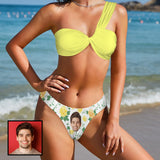 Custom Face Yellow Flowers Twist Ruched One Shoulder Bikini Set Two Piece Swimsuit