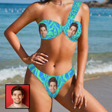 Custom Face Blue&Green Twist Ruched One Shoulder Bikini Set Two Piece Swimsuit