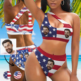 Custom Face American Flag Women's Off-Shoulder Bikini Set One Shoulder Cutout Bikini Set Two Piece Bathing Suit