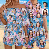 Couple Matching Hawaiian Set Romper Custom Face Flowers Men's Hawaiian Shirt Set Women's Off Shoulder Knot Front Pocket Romper For Summer Beach Holiday