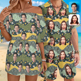 Couple Matching Hawaiian Set Romper Custom Face Green Men's Hawaiian Shirt Set Women's Off Shoulder Knot Front Pocket Romper For Summer Beach Holiday