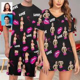 Custom Photo Lips Couple Pajama Sets Short Sleeve Loungewear Sleepwear For Valentine's Day