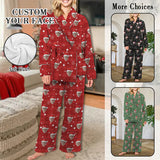 Custom Face Photo Soft Flannel Kimono Robes 2 Piece Loungewear Set  Personalized Women's Long Sleeve Tie Waist Pocket Flannel Pajama Set