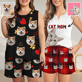 Personalized Women's Tank&Shorts Pajama Sets Custom Pet Face Sleeveless Crew Neck&V-Neck Pocket Pj Set Short Sleepwear