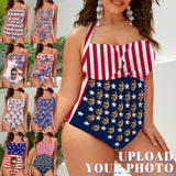 Custom Face American Flag Style Women's Ruched Push Up Halter Swimsuit Personalized One Piece Bathing Suits