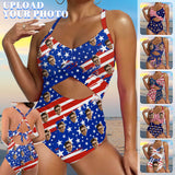 Custom Face American Flag Style Women's Twist Front Tie Back One Piece Swimsuit Face Bathing Suit