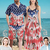 Couple Hawaiian Dress Set Custom Face American Flag Men's Hawaiian Shirt Set Women's V-Neck Cami Maxi Dress For Summer Beach Holiday