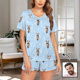 Custom Face Short Blue Pajama Sets Christmas Women's V-Neck Loungewear Sleepwear