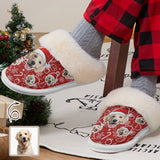 Custom Face Christmas Red Cotton Slippers with Fur Edges Warm Flannel Home Slippers