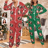 Custom Pet Face Unisex Adult Hooded Onesie Jumpsuits with Pocket Christmas Snowflake Personalized Zip One-piece Pajamas