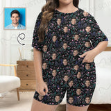 Plus Size Two-Piece Comfy Pajama Set For Women Custom Face Black Short Sleeve Crew Neck Casual Loungewear