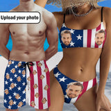 Couple Matching Swimwear Personalized Bikini & Swim Shorts Custom Face American Flag High Neck Cutout High Waisted Bikini Independence Day