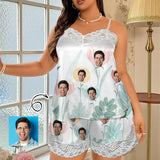 Custom Face Flowers Leave White Lace Cami Pajamas Personalized Women's Nightwear Set