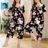 Custom Face Black Flowers Women's Loungewear Set Short Sleeve Shirt and Capri Pants Sleepwear Pajama Set