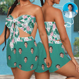 Custom Face Plant & Flower Patterns Personalized Women's Tie Front Tube Top & Shorts Set - Green