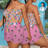 Custom Face Colorful Flower Patterns Personalized Women's Tie Front Tube Top & Shorts Set - Pink