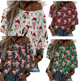 Flash Sale-Custom Boyfriend Face Christmas Ugly Slouchy Shirt Loose Fit Tee Personalized One Side Off Shoulder Women's Mid Sleeve Straight Neck T-shirt