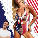 American Flag Monokini Custom Boyfriend Face Flag Swimsuit Women's Backless Bow Hollow Out Swimsuit