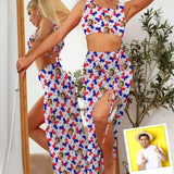 Custom Face Stars Beach Outfits Dress Personalized Women's Sleeveless Backless Crop Top & Side Slit Drawstring Skirt Set
