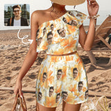 Custom Face Yellow Flowers Beach Outfits Personalized Women's One Shoulder Ruffle Trim Top & Shorts Set