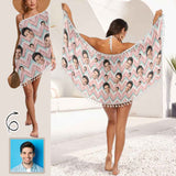 Custom Face Pink Stripe Beach Wraps Chiffon Sarong Bikini Swimsuit Cover Ups Skirt Tassels