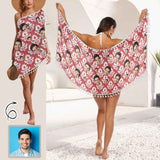 Custom Face Red Beach Wraps Chiffon Sarong Bikini Swimsuit Cover Ups Skirt Tassels