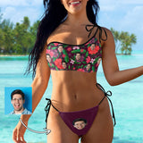 Custom Face Tropical Flowers Bikini Set Personalized Women's Off-Shoulder String Swimsuit