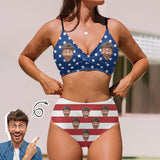 Custom Face American Flag Bikini Sets High Waisted V Neck Twist Front Adjustable Spaghetti Straps Bathing Suit