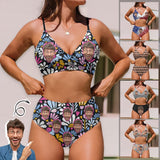 Custom Face Bikini Sets High Waisted V Neck Twist Front Adjustable Spaghetti Straps Bathing Suit