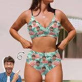 Custom Face Flamingo Bikini Sets High Waisted V Neck Twist Front Adjustable Spaghetti Straps Bathing Suit