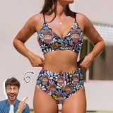 Custom Face Flowers Bikini Sets High Waisted V Neck Twist Front Adjustable Spaghetti Straps Bathing Suit
