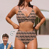 Custom Seamless Face Bikini Sets High Waisted V Neck Twist Front Adjustable Spaghetti Straps Bathing Suit
