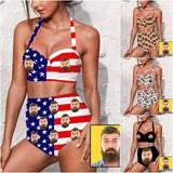 Custom Face Stars and Stripes Strap Personalized Two-piece Bikini Swimsuit