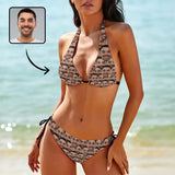 Custom Seamless Face Deep V Neck Bikini Set Halter Tie Side Low Waisted Triangle Bikini Personalized Bathing Suit