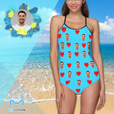 Custom Bkue Face Swimsuit Love Heart Personalized Women's Slip One Piece Bathing Suit Honeymoons For Her