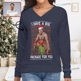 Custom Boyfriend Face V-Neck Sweater for Women Ugly Christmas Sweater Long Sleeve Lightweight Sweater Tops