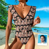 Custom Face All V Neck Ruffle One Piece Swimsuit Sexy Belt Custom Picture Bathing Suit Tie Back