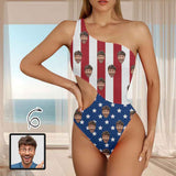 Custom Face American Flag Style Women's Off Shoulder Side Cutout One Piece Swimsuit Personalized Photo Bathing Suit