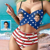 Custom Face American Flag Style Women's One Piece Swimsuit Twist Cutout Front Crisscross Lace Up Back Face Bathing Suit