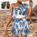 Custom Face Blue Leaves Beach Outfits Personalized Women's One Shoulder Ruffle Trim Top & Shorts Set