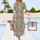 Custom Face Button Down Longline Shirts Yellow Flower Women's Long Sleeved Shirt Dress Casual Loose Maxi Dresses