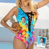 Custom Face Colorful Women's Sexy One Pieces Swimsuit Lace Up Deep V Bathing Suit Beachwear