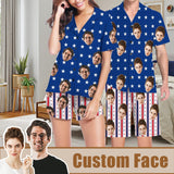 Custom Face Couple Matching Pajamas USA Flag Personalized Couple Matching V-Neck Short Pajama Set