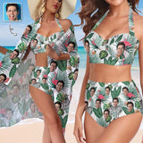 Custom Face Flamingo Women's Bikini Swimsuit Long Short Kimono Chiffon Blouse Set