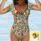 Custom Face Floral Pattern V-Neck Ruffle 2-Piece Tankini Swimsuit