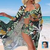 Custom Face Green Leaf Women's Bikini Swimsuit Long Short Kimono Chiffon Blouse Set