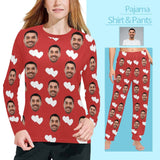 Custom Face Heart Red Long Pajama Shirt&Pants Personalized Women's Slumber Party Sleepwear