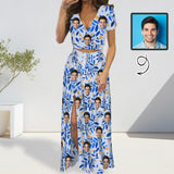 Custom Face Leaves Print Beach Outfits Dress Personalized Women's V-neck Split Maxi Dresses Skirt Set