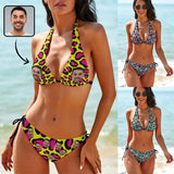 Custom Face Leopard Deep V Neck Bikini Set Halter Tie Side Low Waisted Triangle Bikini Personalized Bathing Suit