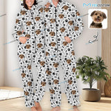 Custom Dog Face Foot Print Unisex Adult Hooded Onesie Jumpsuits with Pocket Personalized Zip One-piece Pajamas for Men and Women